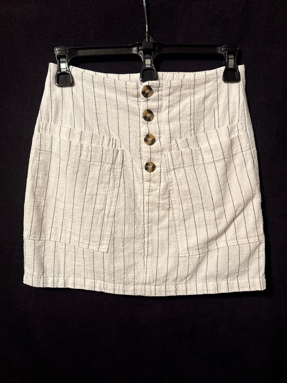 HYFVE White Mini Skirt with Black Pinstripes and Brown Buttons